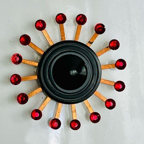 Upcycled Atomic Starburst Refrigerator Magnet Buttons Rhinestones Black Red - Picture 1 of 5